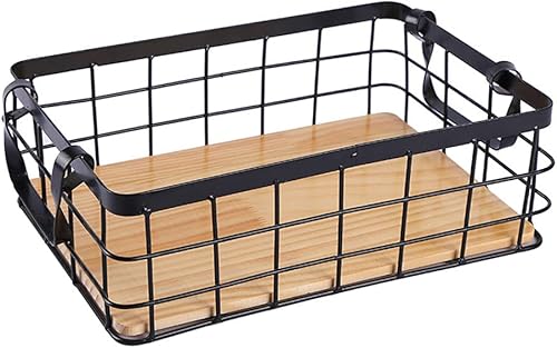 Cabilock Cesta de almacenamiento pequeña de alambre de metal, base de madera, organizador de almacenamiento para armarios de cocina, baño, despensa,