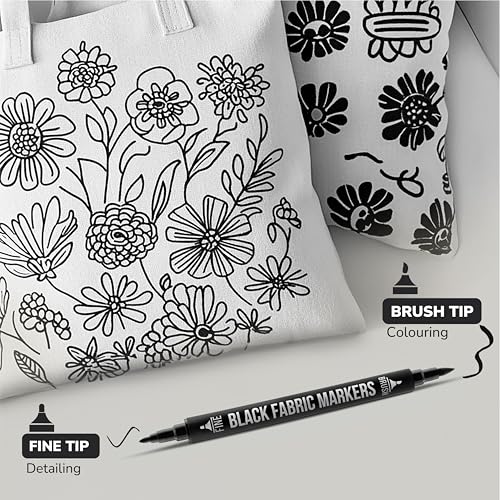 Image of Zenacolor 5 Dual-Tip Black Fabric Markers Permanent for Clothes - Fabric Paint Pens for Personalizing Shirts Bags Hats Canvas and Textiles