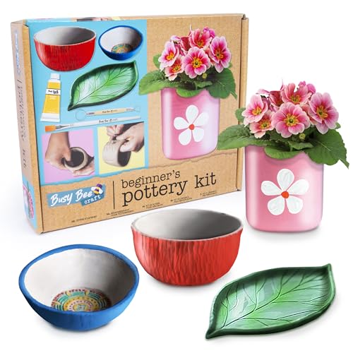abeec Air Dry Clay Pottery Starter Kit for Adults | Complete Beginners Set with Paint Tools Varnish & Brushes | Make and Paint Your Own Pot at Home No Kiln Needed | Craft Gift