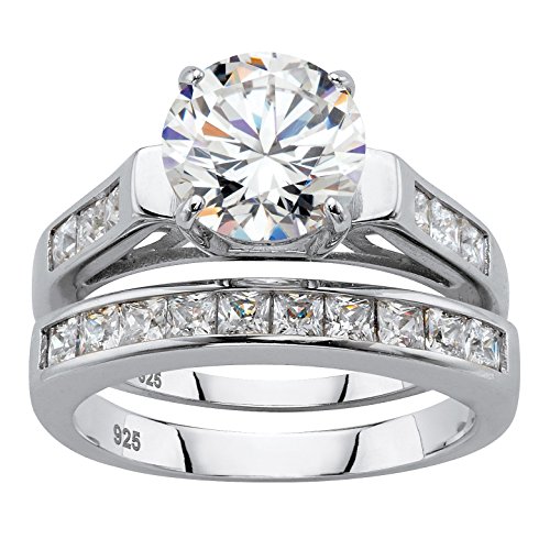 Platinum over Sterling Silver 2 Piece Bridal Ring Set, Round Cubic Zirconia Size 9