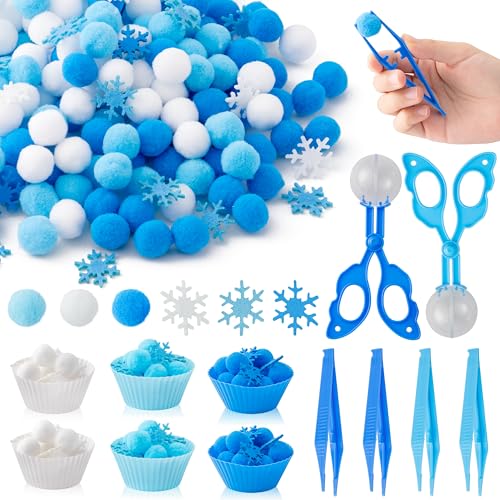EZdhuawuse Winter Fine Motor Toys - 270Pcs Christmas Counting Sorting Sensory Bin Filler Set for Kids Winter Counting Toy with Felt Snowflakes Pom Poms Cup Clip for Preschool Education Activities