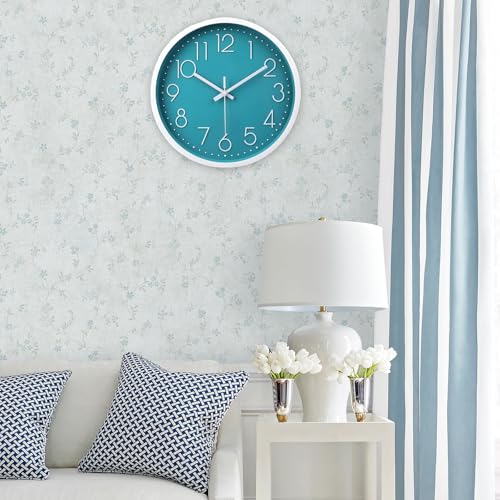 Image of jomparis 12 Inch Silent Non-Ticking Battery Operated Round Turquoise Wall Clock Easy to Read for Pool /Home /Office /School /Kitchen /Bedroom /Living Room Teal Clocks