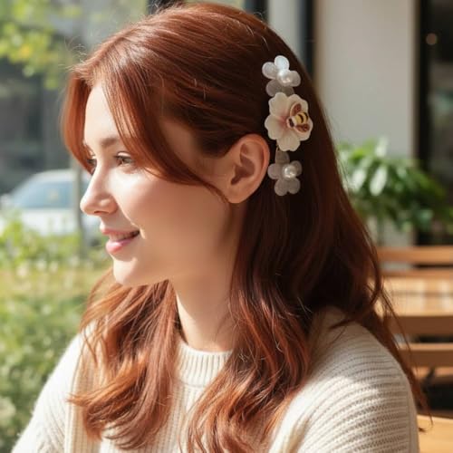 Image of Alvero 2Pc Elegant Flower Hair Clips for Women, Translucent Floral Barrettes with Pearl & Crystal Rhinestone, Cute Korean Style Clips for Wedding, Party - 6 x 2 x 1.5cm (Pack of 2 Piece) (White)
