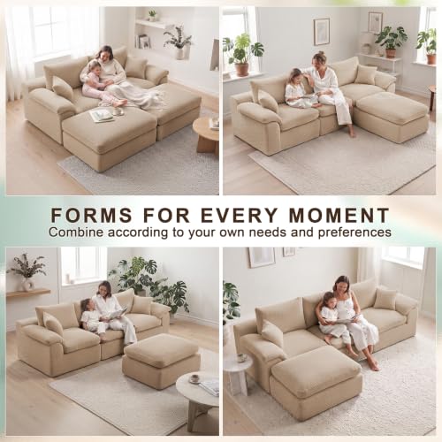 Image of Cloud Sectional Couch, Boneless Couches for Living Room, Camel | L shaped, Modular Sectional Sofa with Deep Seat & Convertible Ottoman, Built for Family Life, Apartments & Living Rooms