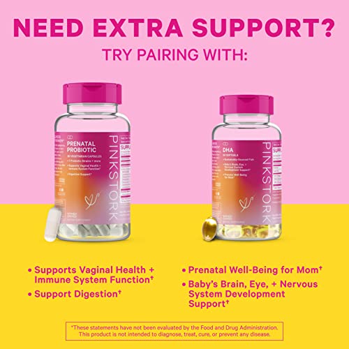 Pink Stork Premium Prenatal Vitamin: Organic Whole-Food Ingredients, Folate, Vitamin B6 & B12 -Prenatal Vitamins For Women -Prebiotics & Probiotics, Morning Sickness Relief, Women-Owned, 60 Capsules #TOP3