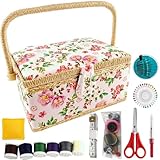 NROZIET Sewing Basket for Sewing Supplies, Wooden Sewing Kit Storage Box with Accessories, Vintage Sewing Kits Carrying Organizer with Handle for Embroidery, DIY Supplies, Beginner, Professional