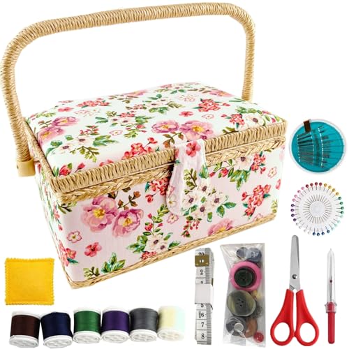 NROZIET Sewing Basket for Sewing Supplies Wooden Sewing Kit Storage Box with Accessories Vintage Sewing Kits Carrying Organizer with Handle for Embroidery DIY Supplies Beginner Professional
