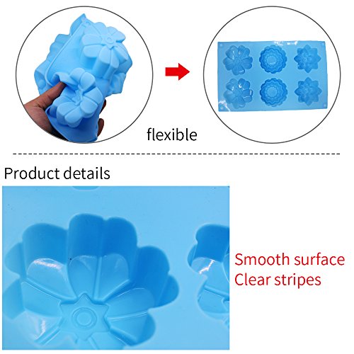 3 Pcs Cake Muffin Mooncake Silicone Molds, Finegood Flower-Shaped Pans For Making Jelly Pudding Cookies Chocolate, Diy Handmade Soap Trays, 6-Cavity - Purple, Blue, Pink #TOP4