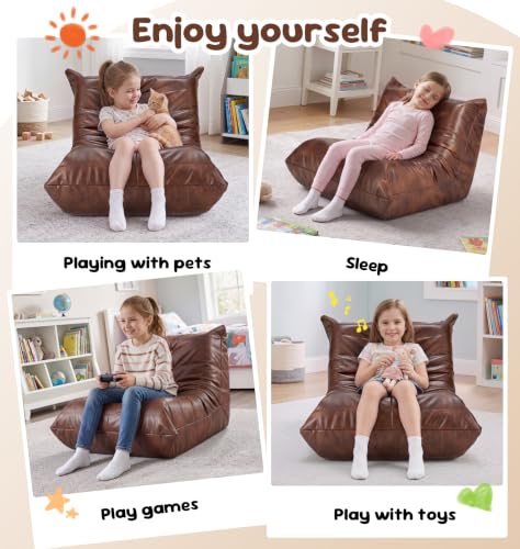 Image of Hobestluk Small Bean Bag Chair Lazy Floor Sofa Bean Bags with Memory Foam Filled Leather Waterproof Beanbag Lounge Sofa Armless Chair for Bedroom Playroom and Reading Nook Dorm (Brown, Small)