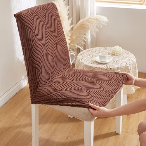 Image of HOMETHREADS Elastic Jacquard Chair Cover - Stretchable, Removable & Washable Short Dining Chair Slipcover | Durable Seat Protector for Kitchen, Dining Room & Banquet Chairs (Brown, Pack of 1)