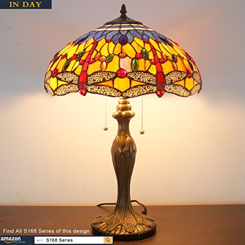 Werfactory Tiffany Style Table Lamp Stained Glass Bedside Lamp Orange Blue Dragonfly 16X16X24 Inches Desk Reading Light Metal Base Decor Bedroom Living Room Home Office S168 Series #TOP1
