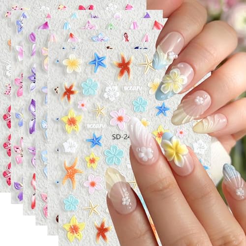 6 Sheets Colorful Floral Nail Stickers Spring Blossom Flower Nail Decals for Nail Art Beach Themed Begonia Flower Shell Pattern Hawaiian Flowers 5D Nail Art Sticker for Summer Beach Manicures