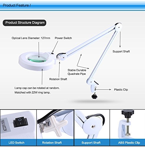5X/8X Desk Magnifier Lamp, Table Lamp Swivel Adjustable Clamp Magnifying Light For Beauty Manicure Tattoo Skincare (5X, White) #TOP3