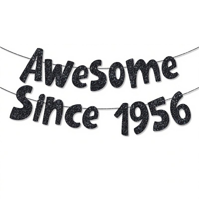Awesome Since 1956 Black Glitter Banner - Pre-Strung & Tear-Resistant Party Decoration for Wall Hanging 70th Birthday and Anniversary Party Decorations