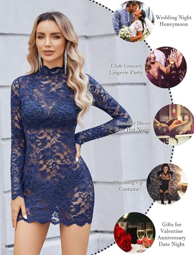 Image of Avidlove Women's Long Sleeve Lace Cocktail Dress Sexy Transparent Lingerie Mini Babydoll Dresses for Party (no lining)