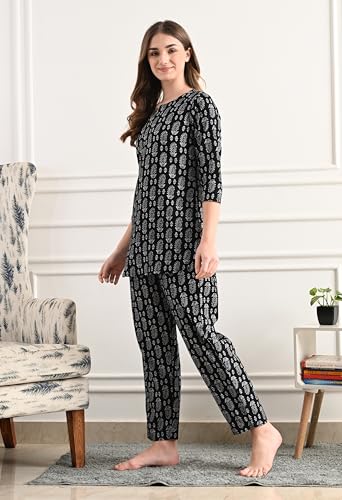 Image of Amazon Brand - Tavasya Women Cotton- Rayon Printed Kurti with Pant Co-Ord Set | Soft Comfortable Straight Fit Ethnic Kurta Set | 3 /4 Sleeves V-Neck Daily, Office & Casual Wear