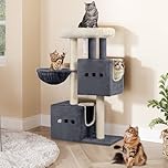 Hzuaneri Cat Tree, 98 cm Tower, Sisal Scratching Post, Cats Tower for Indoor, Multi-Level Stable Cat Tree with Cats House, 2 Caves, Pompoms, Dark Grey MS10018SGV1