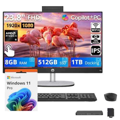 Image of HP 23.8 inch FHD Touchscreen All-in-One Desktop AI PC, AMD Ryzen AI 5 340, 8GB DDR5, 1.5TB Storage (512GB SSD+1TB Docking Station), FHD IR Camera, Wi-Fi 6, Wireless Keyboard & Mouse, Win11 Pro, Black