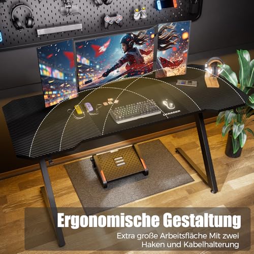 Gaming Tisch 120x60cm – Hochwertiger Carbon-PC-Tisch für Streamer & Gamer mit praktischem Kopfhörerhaken – Robuster Schreibtisch in schwarzem Design – Bild 5