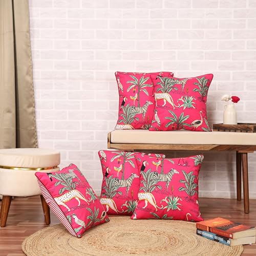 Image of Pink Cushion Covers 16x16 inch Set of 5 Animal Theme Printed Cotton Decorative Cushion Covers 40 cm x 40 cm Pack of 5