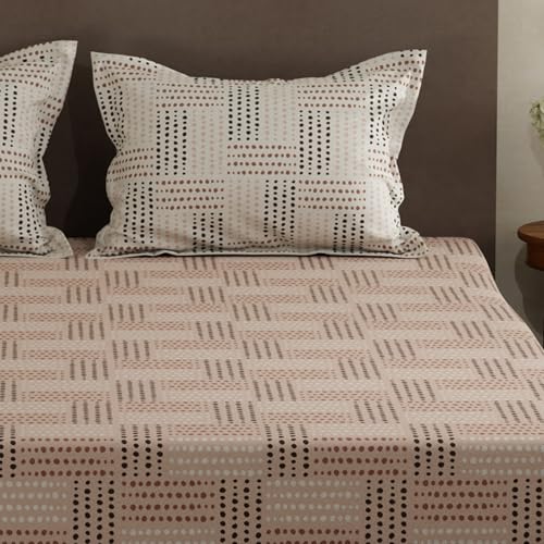 Image of Layers 100% Cotton Double Size Bedsheet Set | Beige Geometric Print | 120 TC Forever Collection | Soft & Breathable | Washable Bedsheet with 2 Pillow Covers | All Season