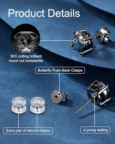 Black Moissanite Earrings for Men, Round Cut D Color VVS1 Clarity Lab Created Moissanite Earrings Studs S925 Sterling Silver Jewelry for Women Men3
