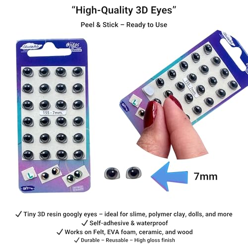 Image of 3D Resin Doll Eyes - 7mm Self-Adhesive Craft Eyes (24 pcs / 12 Pairs) - Realistic Cabochon Eyes for Amigurumi, Dolls, Polymer Clay, Cold Porcelain, Felt & DIY Crafts (Gray)