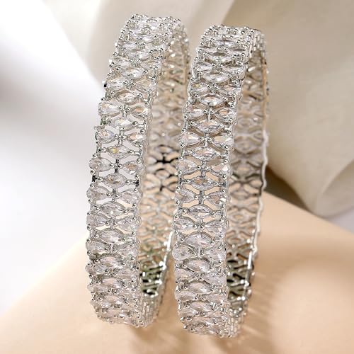 Image of ZENEME Rhodium-Plated Silver Toned White American Diamond Studded Bangle Set for Women and Girls