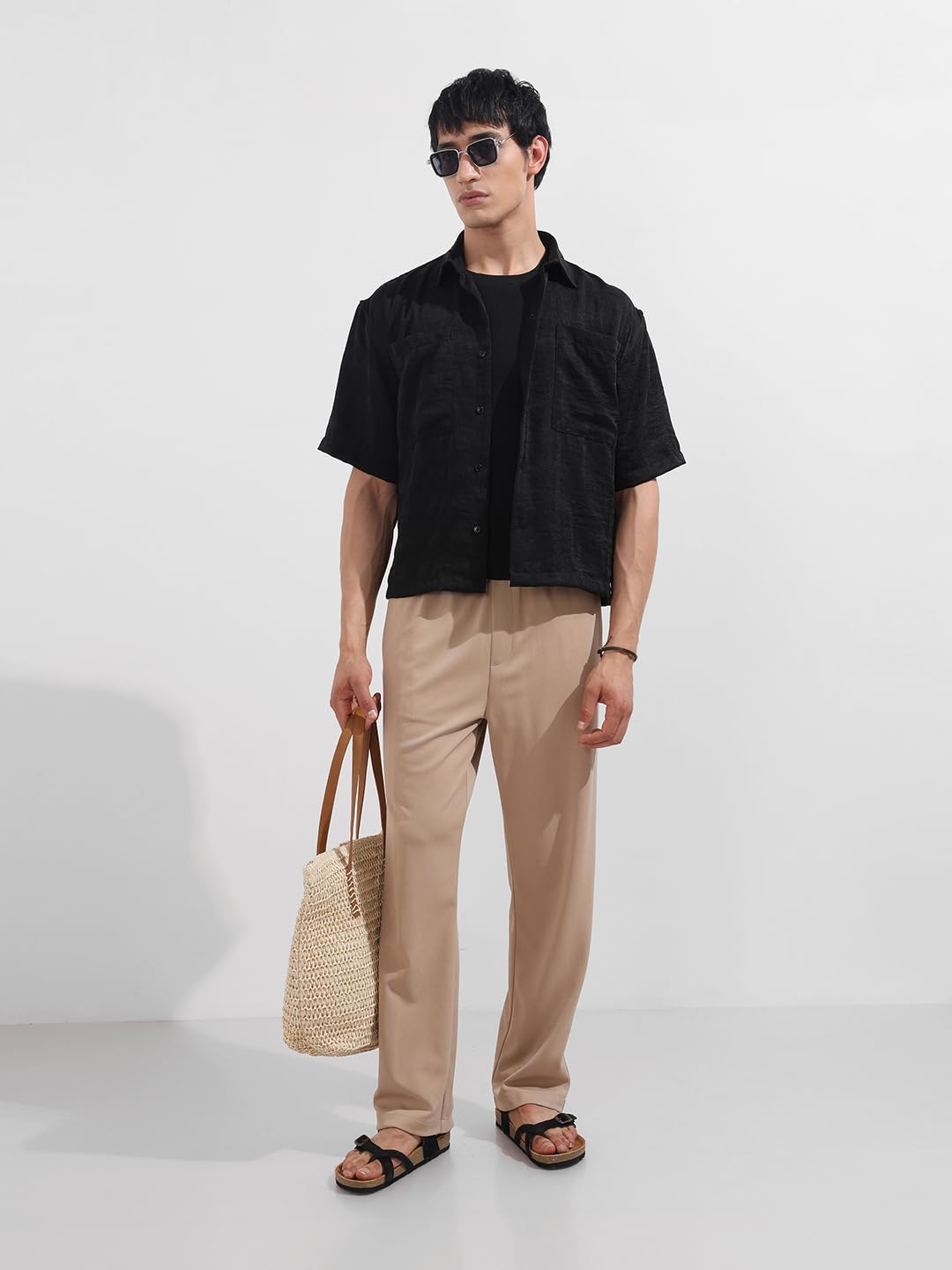 The Indian Garage Co Camicia da uomo a mezza manica con colletto a spalla squadrata testurizzata