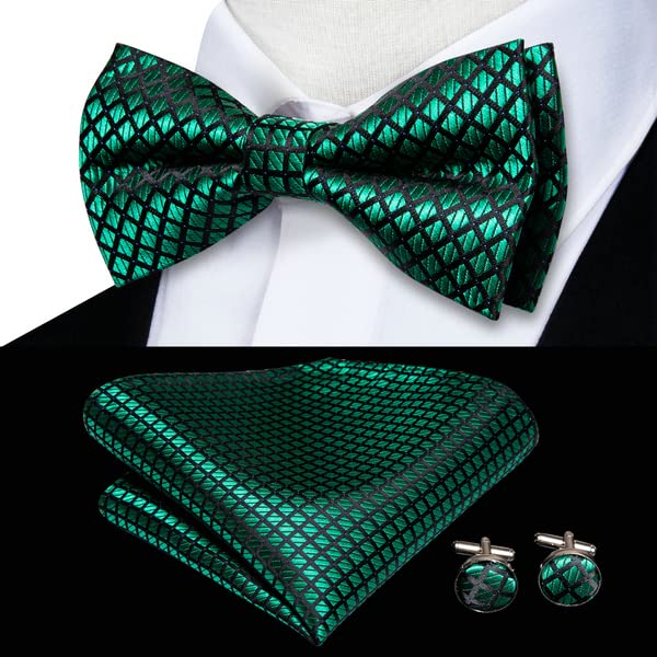 Image of Hi-Tie Pre-Tied Bowties for Men Silk Bow Ties and Pocket Square Cufflinks Set Mens Wedding Party Formal,Black Green Plaid