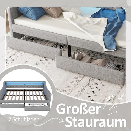 Aoskem Polsterbett Tagesbett Einzelbett 90x200 mit 2 Stauraum Schubladen, Kinderbett LED-Sofabett mit USB-Ladebuchse, Bettgestell mit Lattenrost, Jugendbett Schlafsofa, Ohne Matratze, Leinen (Grau)