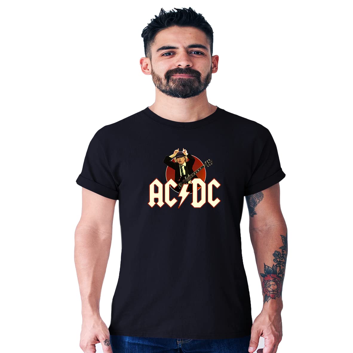 SPECIALTEES Men's Casual Regular Fit AC DC Crown Rock Band Black Half Sleeve Round Neck Cotton T-Shirt