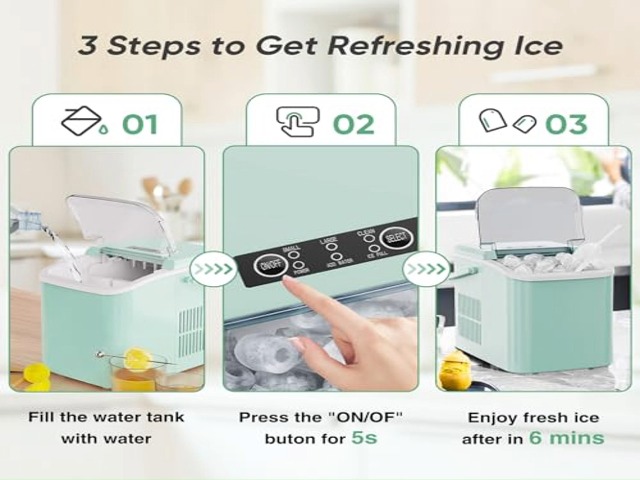 Image of DUMOS Countertop Ice Maker with Handle, 26lbs /24H Portable Ice Machine | 9 Bullet Cubes Ready in 6 Mins, Self-Cleaning, Quiet Compact for Home, Kitchen, RV, Camping, Bright Green
