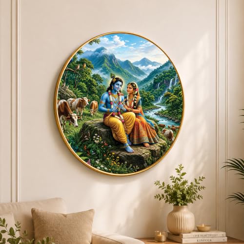 Image of PAINTINGMANTRA Radha Krishna Pichwai painting Framed Wall Art Painting For Living Room, Spiritual Religious Poster with frame for Wall, Decoration item for bedroom & Home, 16 Inch