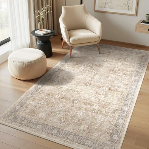 Beige 4x6 Washable Rug, Small Area Rugs for Entryway Kitchen Bathroom with Rubber Backing Non Slip, Vintage Neutral Low Pile Thin Throw Carpet Rug for Foyer/Nursery/Home Office/Living Room B