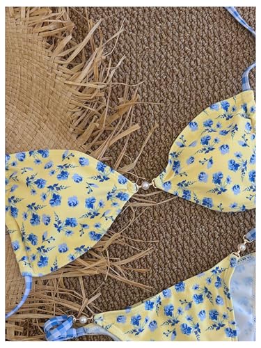 Image of RoseSeek Women's Floral Print Cheeky Bikini Sets Pearl Decor Halter Triangle High Cut String Thong Swimsuits