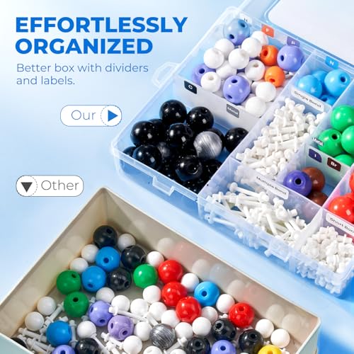 Image of JoyCat 238-Piece Molecular Model Kit for Organic and Inorganic Chemistry | Includes 84 color-coded atoms, 153 bonds, remover tool, learning guide and labeled storage box for grade 9 through college