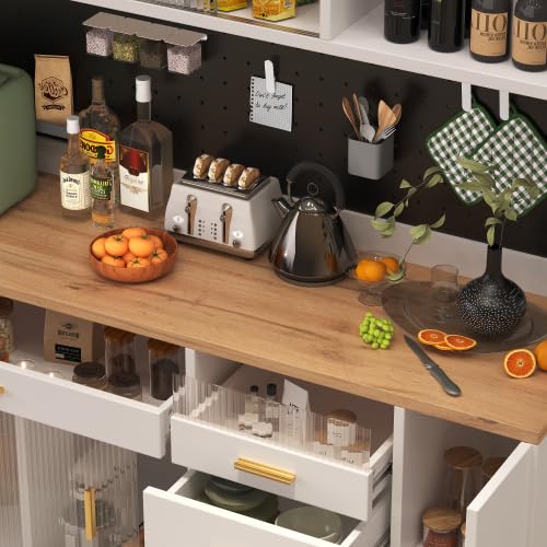 vutizal Armario alto para salón con iluminación LED, sistema de estantería regulable en altura, puertas correderas de cristal, solución de almacenamiento modular, armario con botellero, blanco, 145 ×
