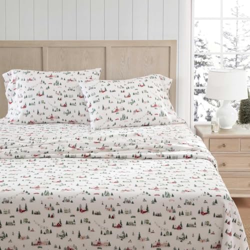 Image of Martha Stewart - Flannel Sheets Queen Size, Anti-Pilling & Wrinkle Resistant Cotton, Touchably Soft for All-Season Comfort - Bed Sheets with Matching Pillowcases & Fitted Sheet (Ski Village Green)