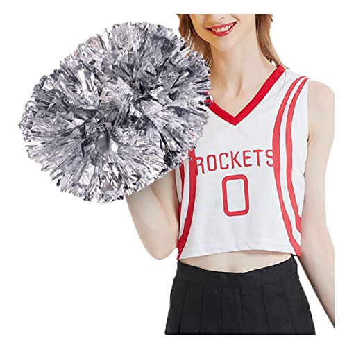 SHTGOI Lot de 2 pompons de pom-pom erleading en film métallique avec poignée de pom-pom girl fleurs à la main Cheers pour événements sportifs, jeux de ballon, fournitures de danse, argent