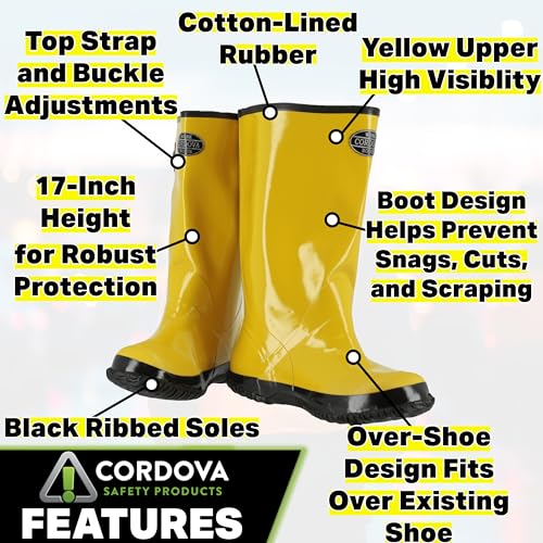 Cordova BYS17 Hi-Vis Cotton-Lined Rubber Slush Boots, 17-Inch Length, Ozone Resistant, Adjustable Top Strap, Size 143