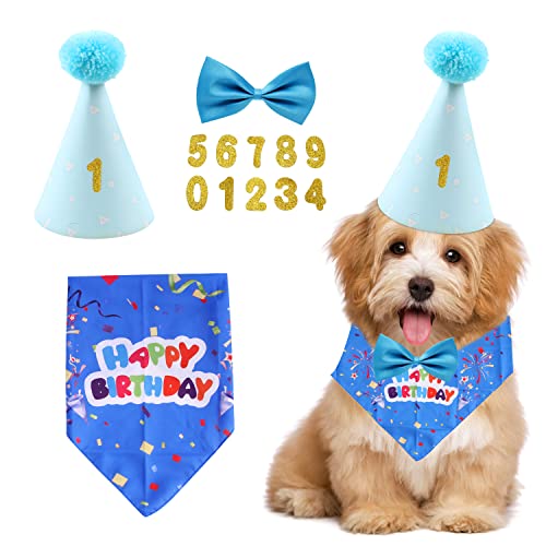 Juego de 4 piezas suministros fiestas cumpleaños mascotas, bufanda triangular perro, sombrero cumpleaños, pajarita perro, parche digital dorado, fiestas mascotas pequeñas, medianas, grandes (azul) Cover