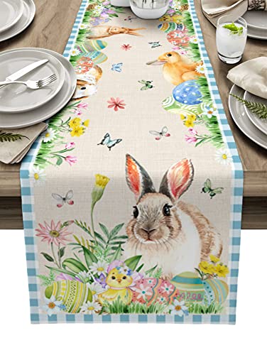 Camino de mesa de conejo de Pascua de 36 pulgadas de largo, huevos de Pascua, primavera, mariposa, flor, azul, a cuadros, camino de mesa, bufandas, mantel decorativo para comedor, mesa de café, fiesta