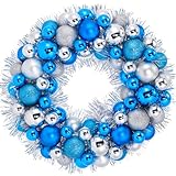 Silipull 16 Inch Christmas Ball Wreath Christmas Ornaments Fireplace Table Decoration Home Party Decorative Shatterproof Hanging Ornament Ball Wreath for Front Door Window Wall(Blue Silver)