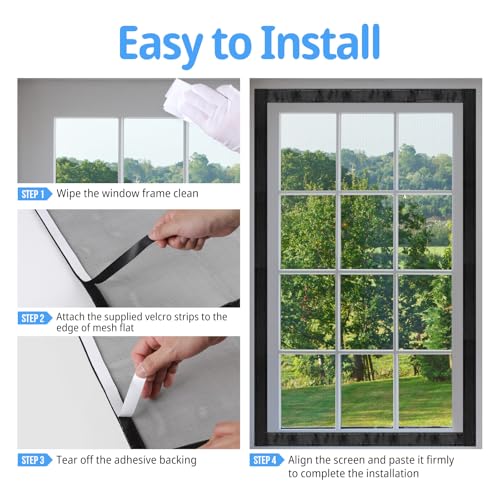 SWAWIS 70x120cm Fenstergitter Insektenschutz aus Glasfaser, Fliegengitter Fenster Ohne Bohren mit Klettband und Hilfsnägel, Fliegenvorhang Moskitonetz für Fenster, Schwarz