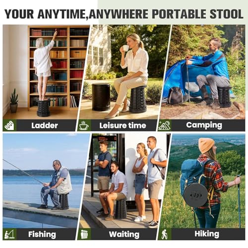 Image of Portable Retractable Stool, Black, Collapsible Round Seat with Carry Strap, 20.3 in Height