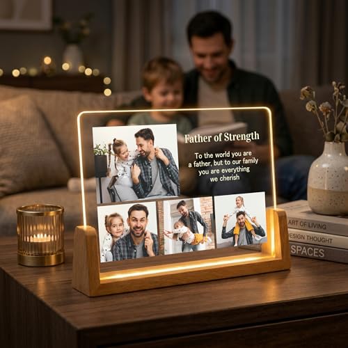 Image of Giftplease Personalized LED Photo Frame for Father with Wooden Base | Custom Photo Night Light for Dad | Engraved Acrylic Desk Decor | Birthday, Father's Day, Papa | Warm Glow