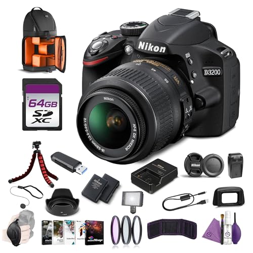 Nikon D3200 24.2MP DSLR Camera Kit with 18-55mm VR Lens Bundle with Cleaning Kit + Flexible Vlogging Tripod + 52MM Tulil Lens Hood + Filter Kit + 64GB Memory Card + Backpack + More