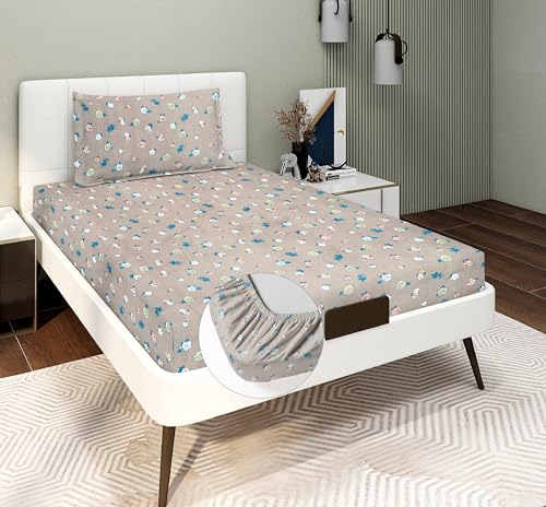 Image of RD TREND Presents Luxurious Glace Cotton Super Soft 210 TC 360 Elastic Fitted Bedsheets Single Bed Size (72 x 48 x 8 Inch) with 1 Pillow Cover Size (28 x18), Color- Beige, Floral