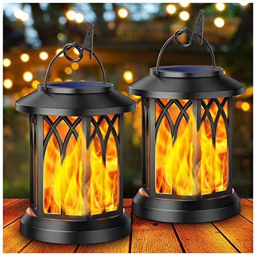 Faroles solares, paquete de 2 luces colgantes para exteriores con efecto de llama parpadeante, decoración de jardín impermeable para patio, camino e iluminación de patio
